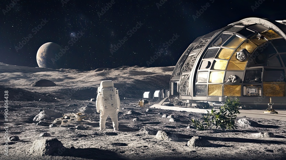 Poster astronaut standing on a lunar surface with a futuristic space station in the background