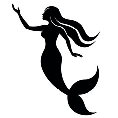 a black silhouette of a mermaid. The mermaid is shown in a side view, with her body facing towards the right side of the image
