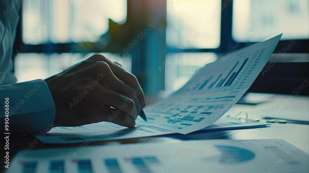 Poster business person analyzing financial data and statistics on paper in an office setting with soft focu