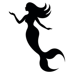 a black silhouette of a mermaid. The mermaid is shown in a side view, with her body facing towards the right side of the image