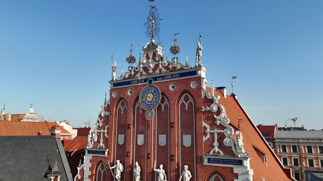 Aerial view of Riga tourist center and Melngalvju nams Blackheads House on a summer day, Latvia