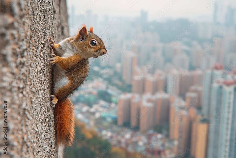 Poster squirrel is looking at the camera. it is on a ledge in a city. squirrel navigates a narrow ledge of 