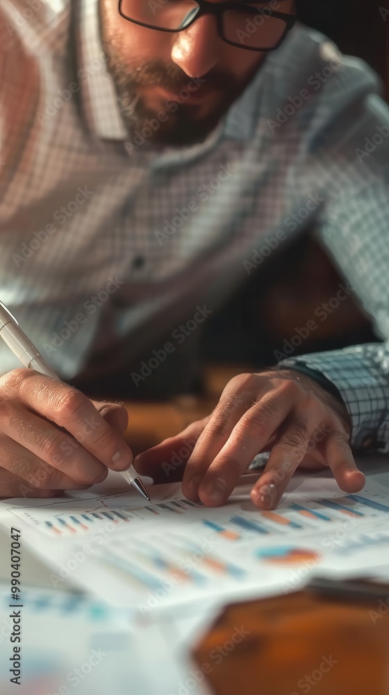 Poster focused businessman analyzing graph and charts with concentration, illustrating data analysis or fin