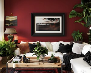 Cozy crimson living room, black-framed art, white furniture, wooden elements, green plants,
