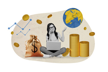 Creative collage of black white effect happy girl use netbook speak telephone planet earth globe pile stack money coins sack