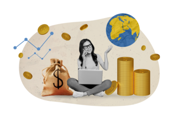Creative collage of black white effect happy girl use netbook speak telephone planet earth globe pile stack money coins sack