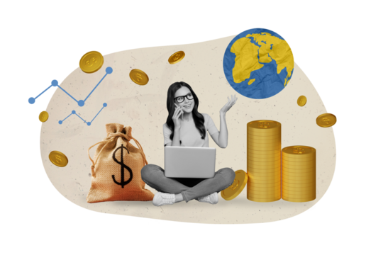 Creative collage of black white effect happy girl use netbook speak telephone planet earth globe pile stack money coins sack