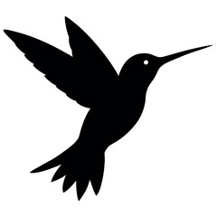a hummingbird in flight. The hummingbird is in mid-flight, with its wings spread wide and its body slightly tilted upwards silhouette
