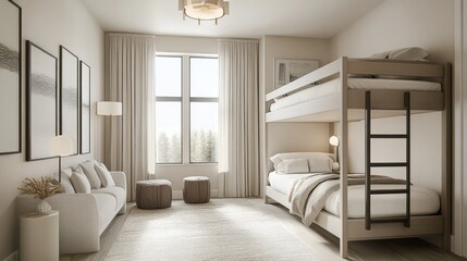 Fototapeta premium A modern, elegant bedroom featuring sleek bunk beds, clean lines, and minimalist . Neutral tones and contemporary furniture add sophistication to the space.
