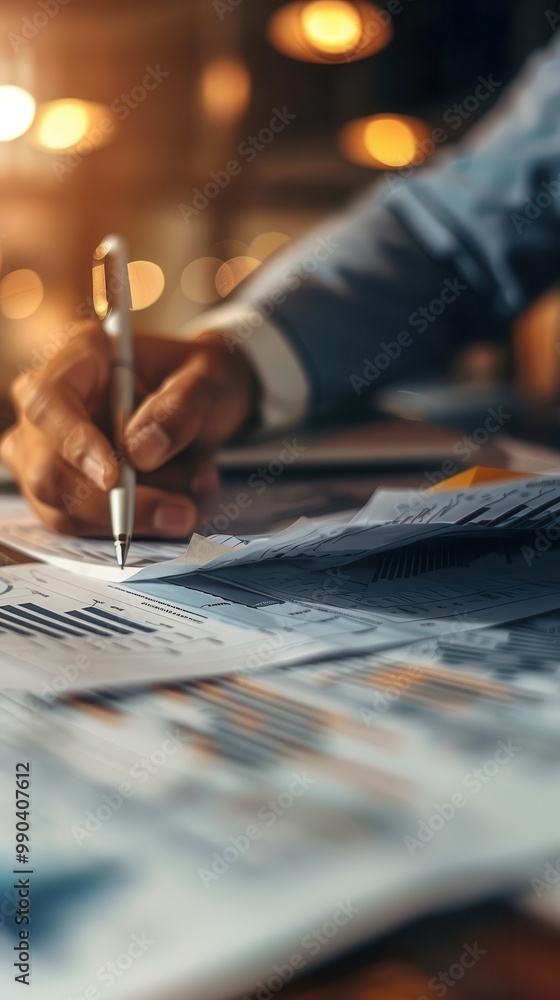 Poster businessperson analyzing financial reports and graphs while writing notes at a desk in a dimly lit o