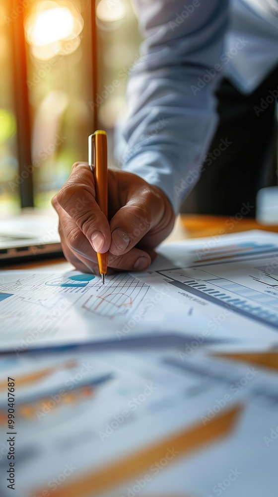 Poster close-up of a person writing notes on business documents with charts and graphs, highlighting the im