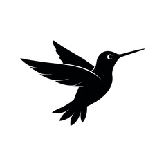 a hummingbird in flight. The hummingbird is in mid-flight, with its wings spread wide and its body slightly tilted upwards silhouette