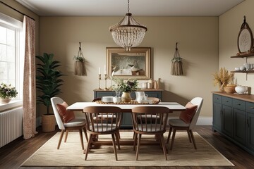 Warm Modern Cottage Dining Room Mockup with Cozy Decor and Inviting Atmosphere