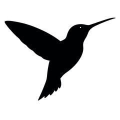 a hummingbird in flight. The hummingbird is in mid-flight, with its wings spread wide and its body slightly tilted upwards silhouette