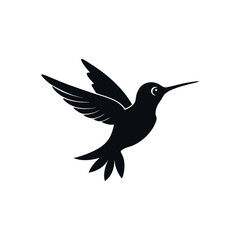 a hummingbird in flight. The hummingbird is in mid-flight, with its wings spread wide and its body slightly tilted upwards silhouette