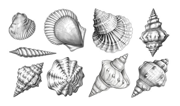 Seashells sketch, scallops and conical shell on isolated background