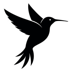 a hummingbird in flight. The hummingbird is in mid-flight, with its wings spread wide and its body slightly tilted upwards silhouette