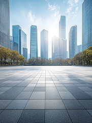 Fototapeta premium A modern city square, with skyscrapers in the background, a clear sky, and daylight