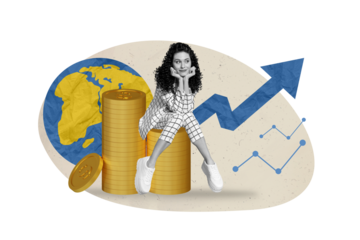 Collage poster picture image 3d artwork of dreamy successful girl analyzing income bitcoin stats isolated on painted background