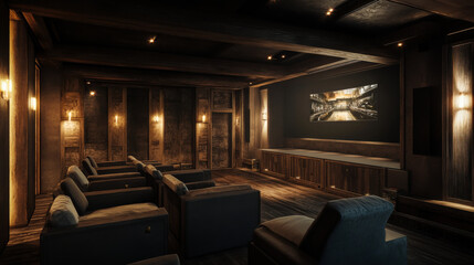Luxurious home theater with plush seating and ambient lighting in a modern interior