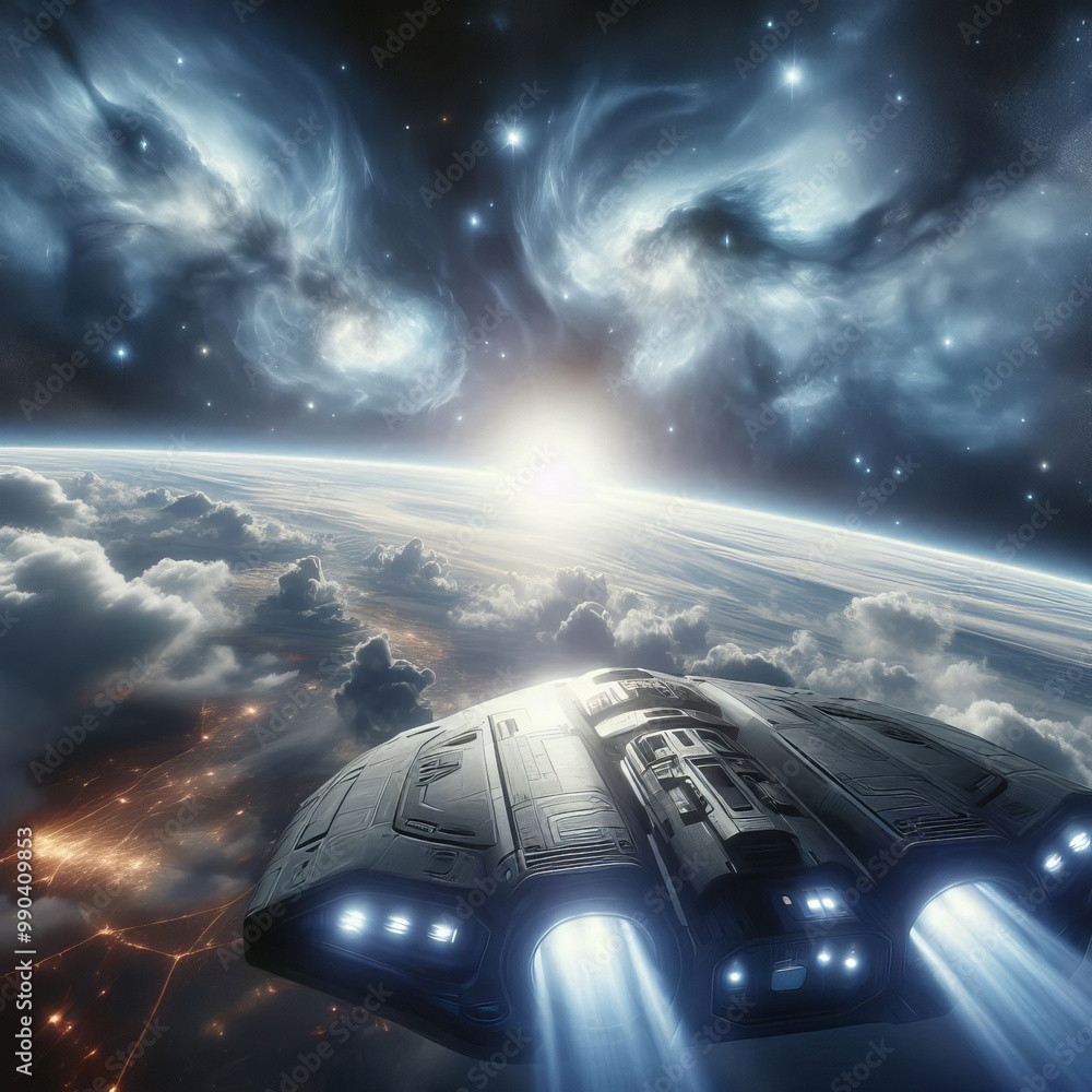 Poster a futuristic spaceship with glowing thrusters approaches a vibrant cosmic horizon, showcasing the my