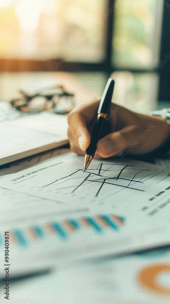 Poster business person analyzing financial chart, reviewing data and drawing graphs on paper at desk with g