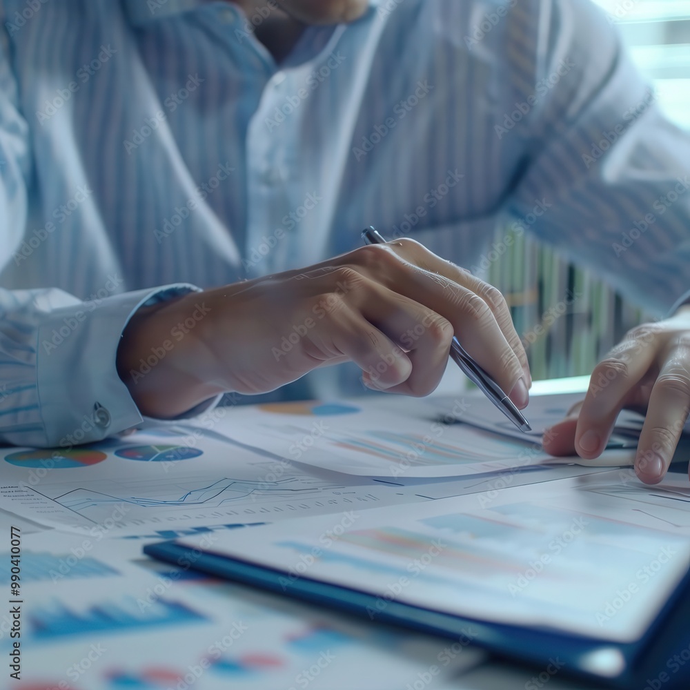 Poster close-up of a business professional analyzing financial data and charts, working with documents and 