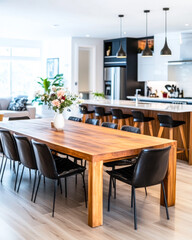 Modern dining area with a wooden table, stylish black chairs, and an inviting kitchen in a contemporary home interior