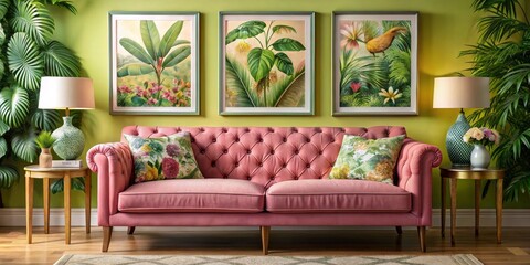 Fototapeta premium Pink Sofa with Green Tropical Art, 3 Framed Pictures, Lush Greenery, Floral Pillows, and Side Tables, home decor, interior design