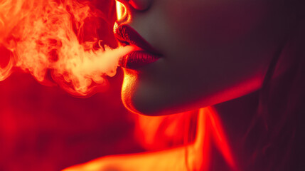 A woman exhales smoke, illuminated by red and orange lights, creating a dramatic atmosphere during an evening gathering