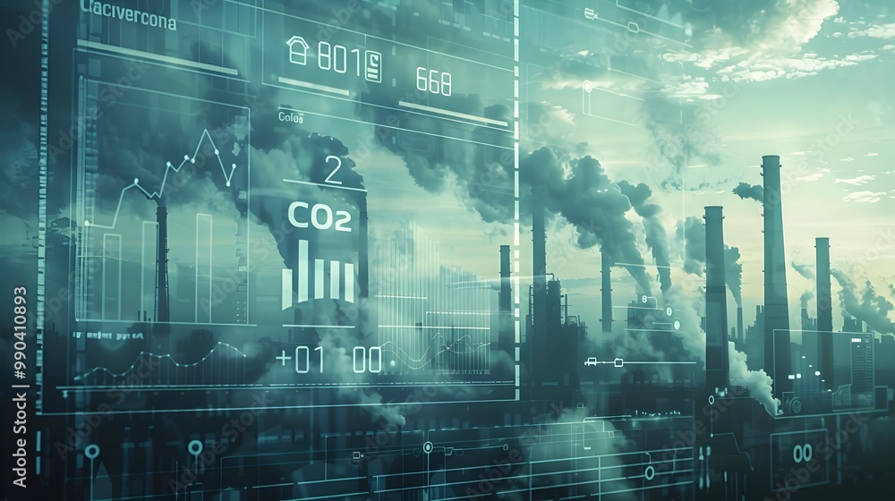 Poster digital screen displaying co2 levels with industrial smokestacks in the background