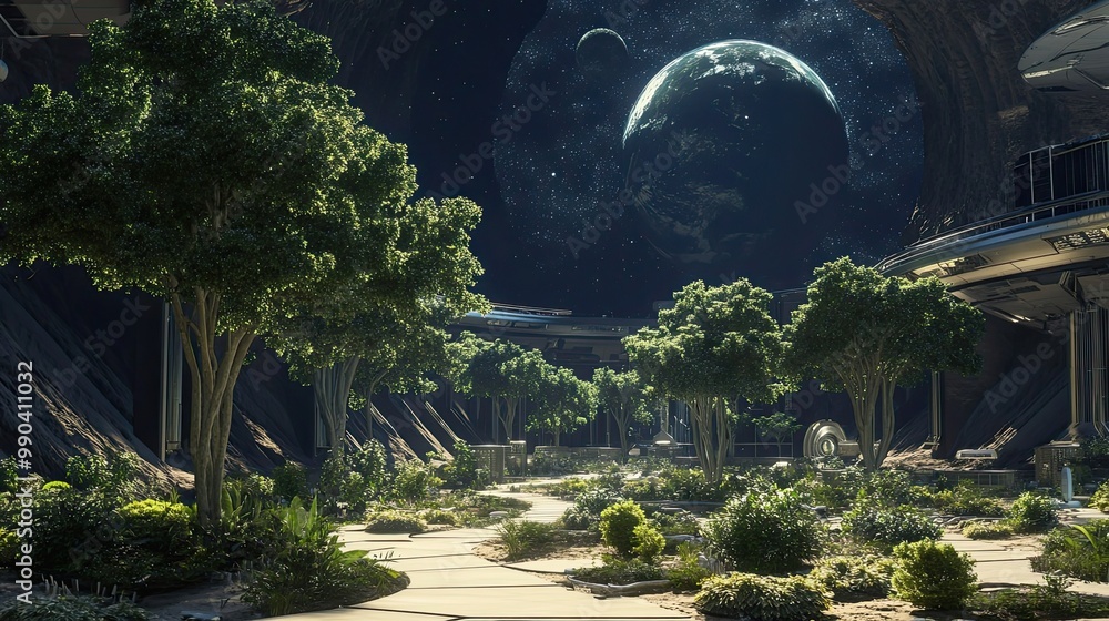 Poster a pathway through a space station garden with a view of a planet and stars