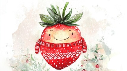 A smiling strawberry dressed in a Christmas sweater, watercolor illustration full of festive spirit and cheerful holiday vibes. -