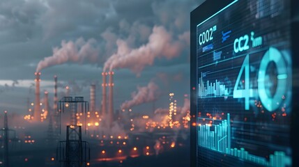 Digital Display Showing CO2 Levels with Backdrop of Industrial Smokestacks Emitting Fumes