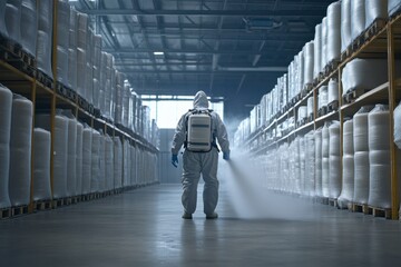 A pest control expert in a hazmat suit