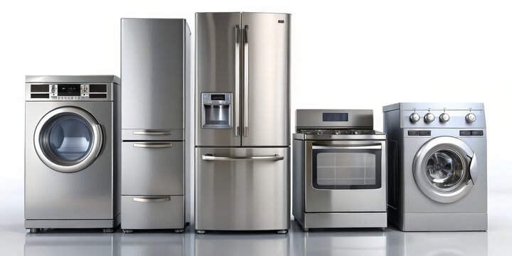 Stainless Steel Kitchen Appliances Lineup, Refrigerator, Oven, Washer, Dryer, kitchen appliances, modern appliances