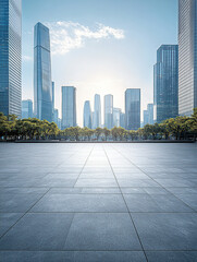 A modern city square, with skyscrapers in the background, a clear sky, and daylight