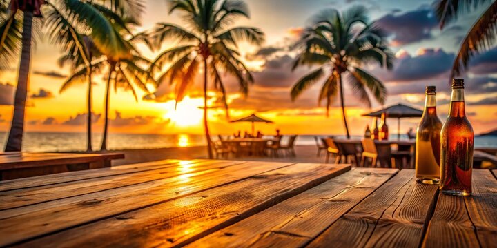 Sunset Beach Bar Table with Bottles, Tropical, Summer, Vacation ,beach, sunset, tropical