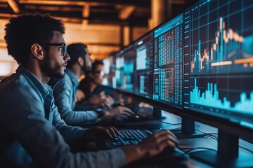 Business professionals analyzing financial data on multiple monitors in modern office, stock market trading concept