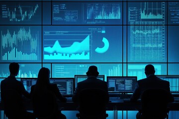 Business team analyzing financial data, working on computers in a modern office, multiple screens with graphs, charts, digital analytics concept