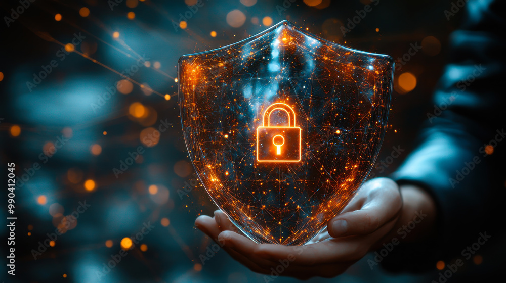 Poster a person holds a glowing shield with a padlock symbol representing cybersecurity and data protection