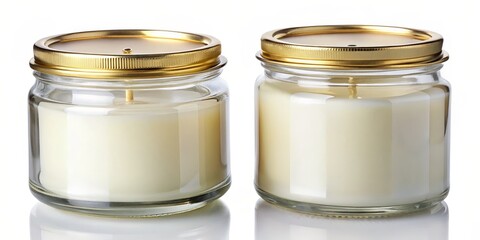 Two White Candles in Glass Jars with Gold Lids, White Background, Two Jars, Glass, Gold, Candle, White
