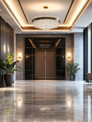 Luxury elevator lobby, marble flooring, chandelier lighting, opulent design, high-end interior, elegant architecture, rich textures, luxury real estate, modern lobby design, upscale building lobby, in