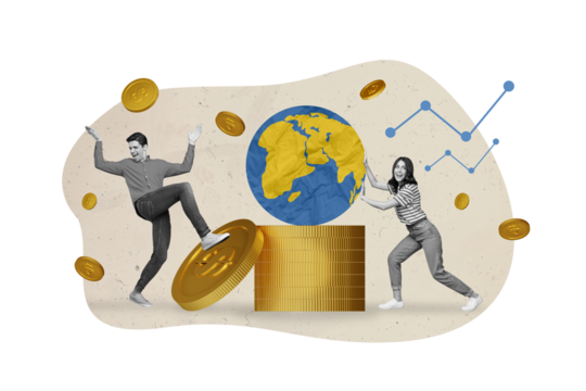 Collage 3d image of pinup pop retro sketch of young excited happy man female celebrate lottery earn money successful businesspeople