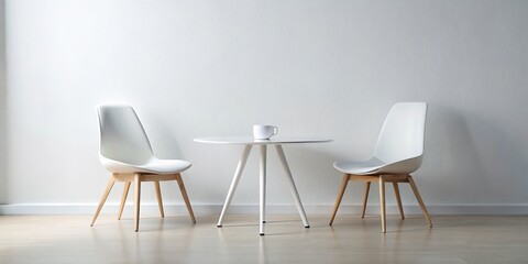 White Chairs and Table against a White Wall, Two White Chairs with a Round White Table in a Minimalist Setting, White Interior with White Furniture, minimalism , interior design, white wall