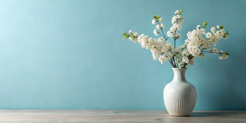 White Flowers in a White Vase Against a Blue Wall, vase, flowers, wall