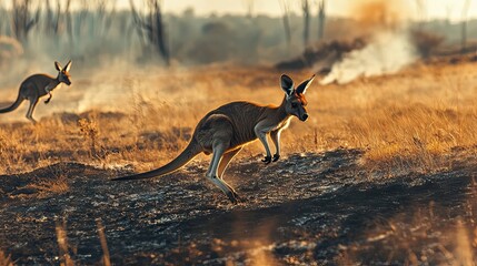 A Kangaroo Leaping Through a Burned-Out Landscape at Sunset