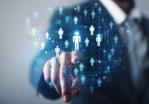 Businessman touching a virtual screen of a team group with his finger, with a focused hand and blurred background for a human resources