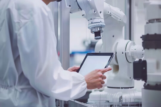 Close-up of an unrecognizable engineer controlling an industrial robotic arm with a tablet in an advanced technological automation laboratory