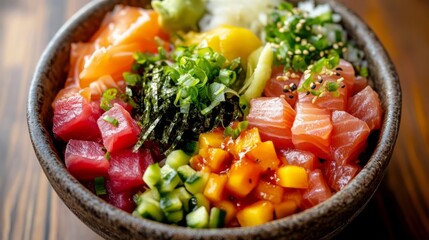 Poke bowl preparations top view. The dish is filled with fresh and vibrant ingredients such as diced fish, seaweed and colorful vegetables.